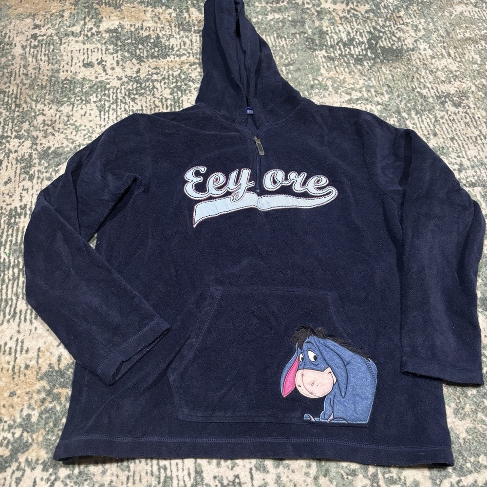 Vintage Disney Eeyore Fleece Hoodie Quarter Zip Navy Blue Women's Size XL 90s